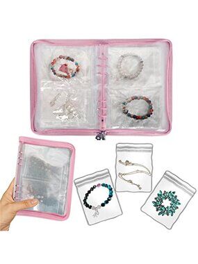 Pink Travel Jewelry Organizer Binder 48 Pouches Necklace Ring Earring Storage